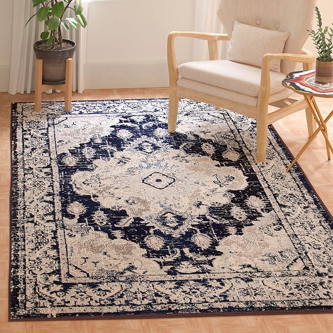 SAFAVIEH Monaco Collection Round Rug - 6'7" Round, Ivory & Navy, Traditional Design, Slip Resistant & Stain Resistant, Ideal for High Traffic Areas in Living Room, Bedroom & Dining Room (MNC243C-7R)