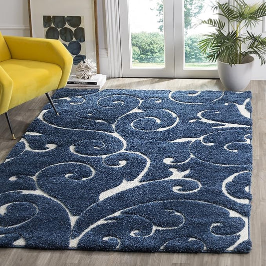 SAFAVIEH Florida Shag Collection Accent Rug - 2'3" x 5', Dark Blue & Cream, Scroll, Non-Shedding & Easy Care, 1.2-inch Thick Ideal for High Traffic Areas in Entryway, Living Room, Bedroom (SG455-6511)