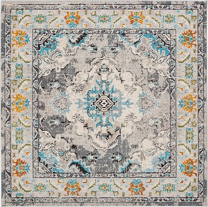 SAFAVIEH Monaco Collection Area Rug - 8'8" Square, Grey & Light Blue, Boho Chic Medallion Distressed Design, Non-Shedding & Easy Care, Ideal for High Traffic Areas in Living Room, Bedroom (MNC243G)