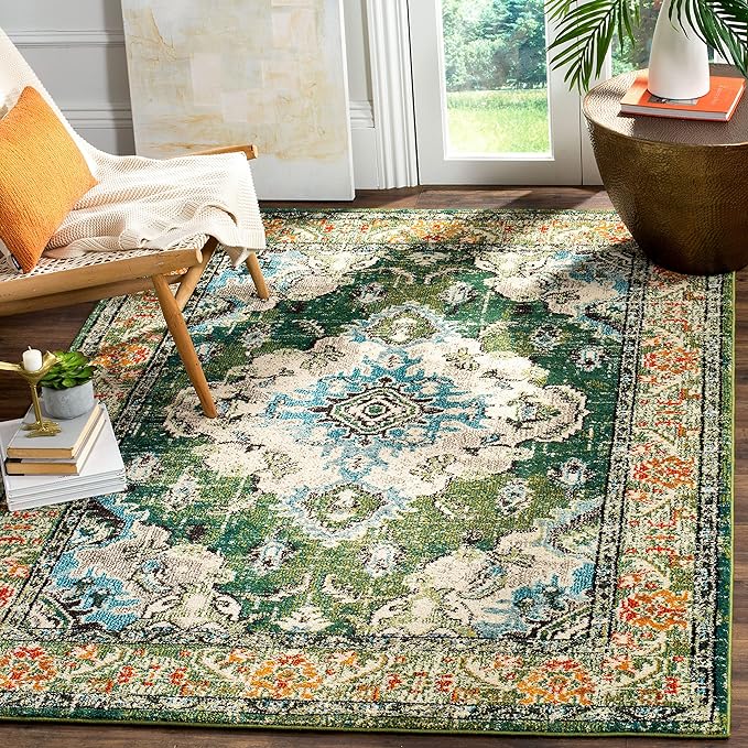SAFAVIEH Monaco Collection Area Rug - 6'7" x 9'2", Forest Green & Light Blue, Medallion Distressed Design, Non-Shedding & Easy Care, Ideal for High Traffic Areas in Living Room, Bedroom (MNC243F)