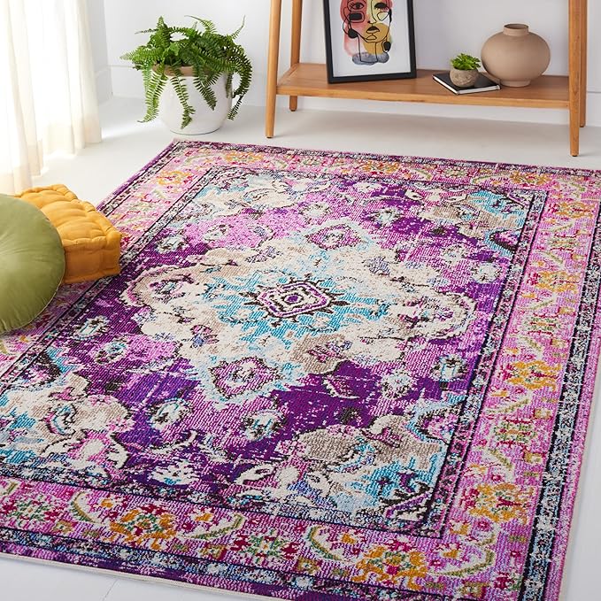 SAFAVIEH Monaco Collection Area Rug - 5'1" x 7'7", Violet & Light Blue, Boho Chic Medallion Distressed Design, Non-Shedding & Easy Care, Ideal for High Traffic Areas in Living Room, Bedroom (MNC243L)
