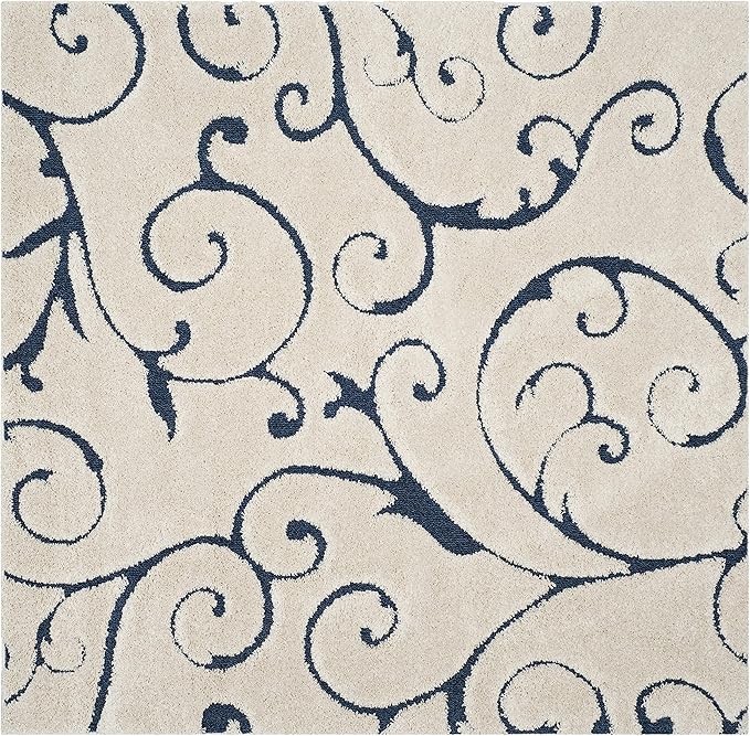 SAFAVIEH Florida Shag Collection Area Rug - 6'7" Square, Cream & Blue, Scroll Design, Non-Shedding & Easy Care, 1.2-inch Thick Ideal for High Traffic Areas in Living Room, Bedroom (SG455-1165)