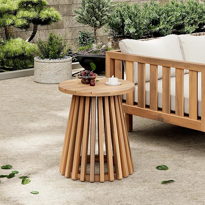 Christopher Knight Home Taki Acacia Wood Patio Coffee Table, Round Table with Unique Wooden Base for Backyard, Stylish Indoor/Outdoor Table, Easy Assembly, Space Saving Outdoor Furniture, Light Teak