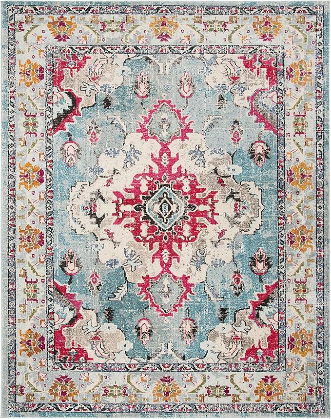 SAFAVIEH Monaco Collection X-Large Area Rug - 11' x 15', Light Blue & Fuchsia, Medallion Distressed Design, Non-Shedding & Easy Care, Ideal for High Traffic Areas in Living Room, Bedroom (MNC243J)