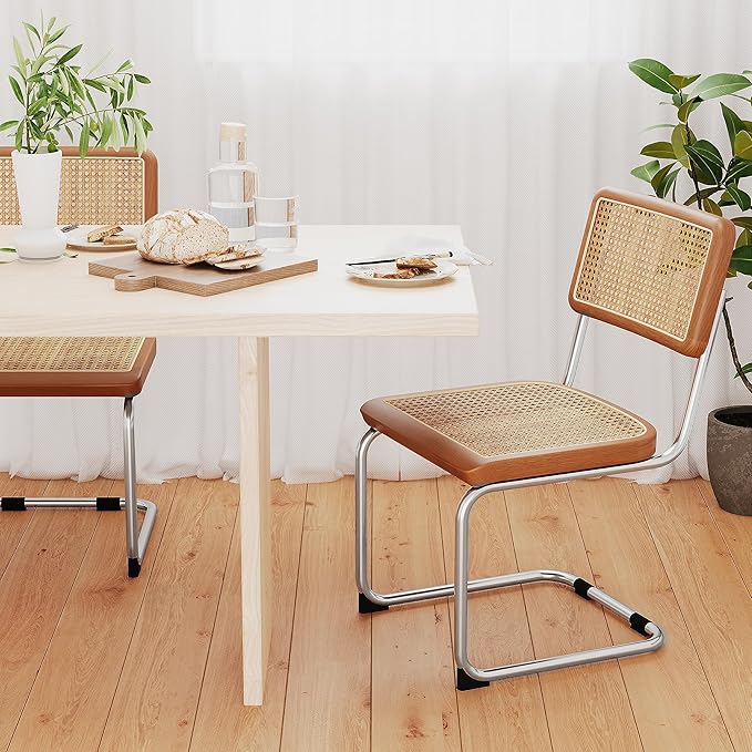 Rattan Dining Chairs Set of 2 Mid Century Modern Dining Room Chairs with Natural Rattan Woven Backrest with Metal Legs, Brown