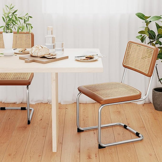 Rattan Dining Chairs Set of 2 Mid Century Modern Dining Room Chairs with Natural Rattan Woven Backrest with Metal Legs, Brown