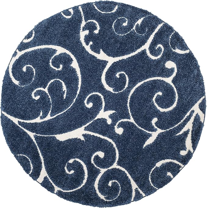 SAFAVIEH Florida Shag Collection Area Rug - 4' Round, Dark Blue & Cream, Scroll Design, Non-Shedding & Easy Care, 1.2-inch Thick Ideal for High Traffic Areas in Living Room, Bedroom (SG455-6511)