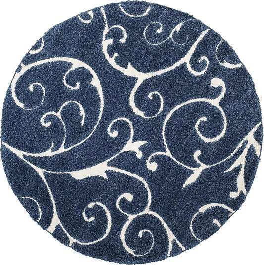 SAFAVIEH Florida Shag Collection Area Rug - 4' Round, Dark Blue & Cream, Scroll Design, Non-Shedding & Easy Care, 1.2-inch Thick Ideal for High Traffic Areas in Living Room, Bedroom (SG455-6511)
