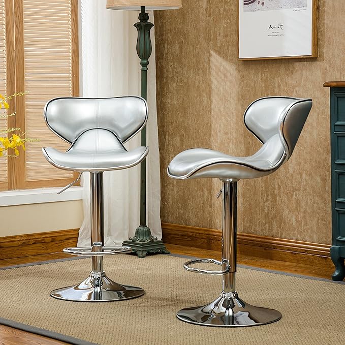 Roundhill Furniture Masaccio Cushioned Leatherette Upholstery Airlift Adjustable Swivel Barstool with Chrome Base, Set of 2, Silver