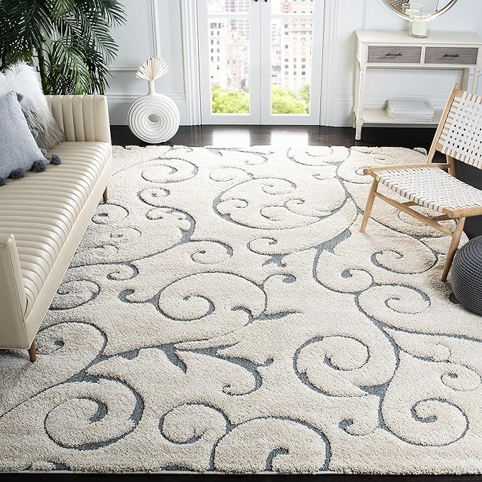 SAFAVIEH Area Rug 8x10 - Florida Shag Collection - Large - Beige & Blue Grey, Scroll Design, Non-Shedding & Easy Cleaning, Plush Thick Pile, Ideal for Living Room, Bedroom, Dining Space (SG455-1155)