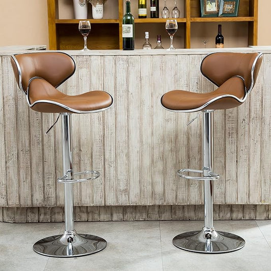 Roundhill Furniture Masaccio Cushioned Leatherette Upholstery Airlift Adjustable Swivel Barstool with Chrome Base, Set of 2, Caramel