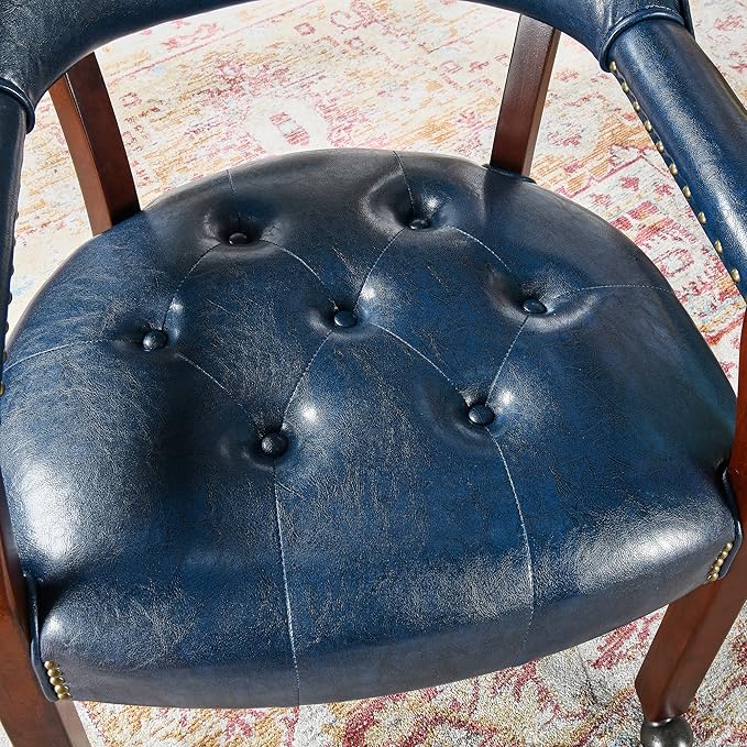 LEEMTORIG Large Dining Chairs with Casters and Arms, Rolling Dining Chairs with Wheels, Solid Wood Boss Caption's Chairs Office Desk Chairs, 26"D x 25.2"W x 31.5"H, Cherry Legs & Blue PU SY-1533-LB