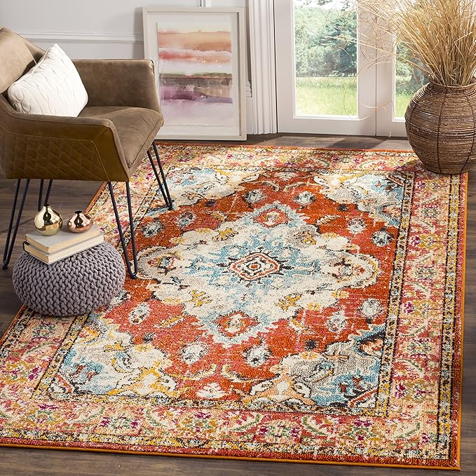 SAFAVIEH Monaco Collection Accent Rug - 3' x 5', Orange & Light Blue, Medallion Distressed Design, Non-Shedding & Easy Care, Ideal for High Traffic Areas in Entryway, Living Room, Bedroom (MNC243H)