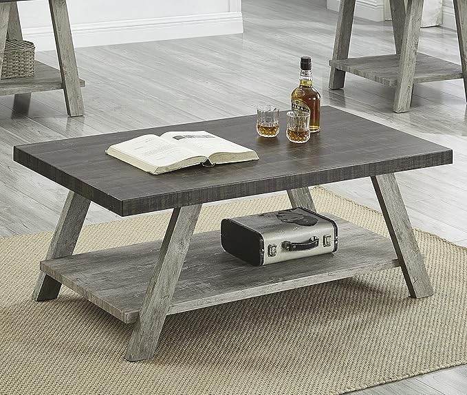 Roundhill Furniture Athens Contemporary 3-Piece Wood Shelf Coffee Table Set, Weathered Walnut and Gray