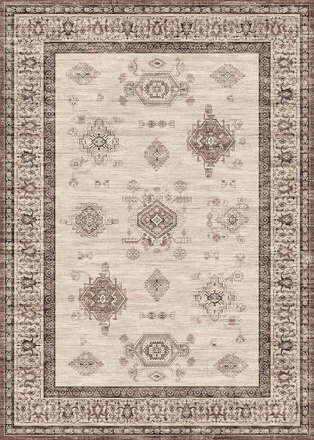 8X10 Area Rugs Machine Washable Rugs for Living Room, Vintage Boho Large Rugs for Bedroom Dining Room, Non Slip Indoor Soft Distressed Lightweight Thin Low Pile Carpet, Beige