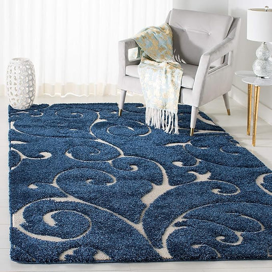 SAFAVIEH Florida Shag Collection Accent Rug - 3'3" x 5'3", Dark Blue & Cream, Scroll, Non-Shedding & Easy Care, 1.2-inch Thick Ideal for High Traffic Areas in Foyer, Living Room, Bedroom (SG455-6511)
