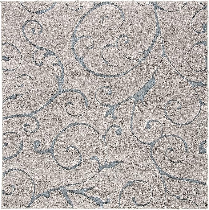SAFAVIEH Florida Shag Collection Area Rug - 4' Square, Grey & Light Blue, Scroll Design, Non-Shedding & Easy Care, 1.2-inch Thick Ideal for High Traffic Areas in Living Room, Bedroom (SG455-1160)