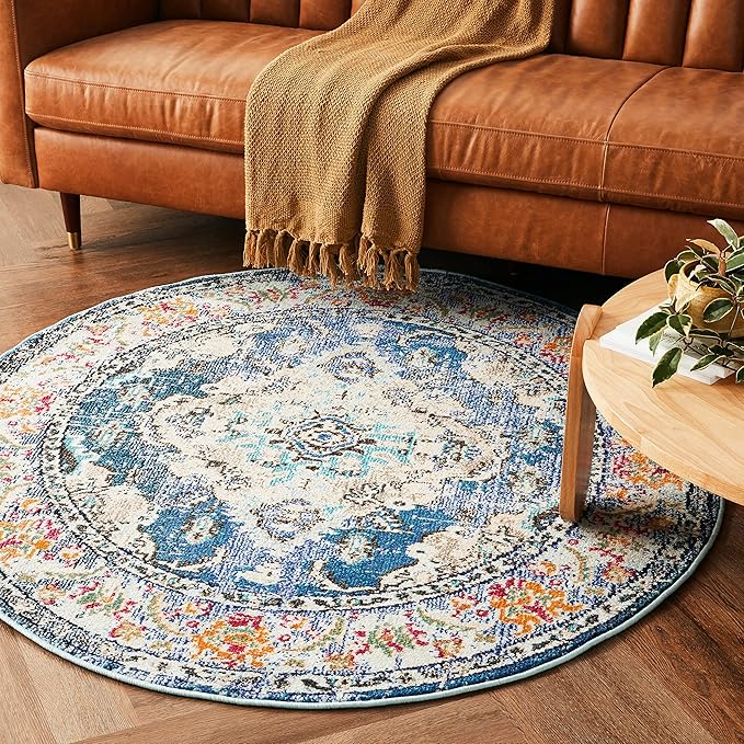 SAFAVIEH Monaco Collection Area Rug - 5' Round, Navy & Light Blue, Boho Chic Medallion Distressed Design, Non-Shedding & Easy Care, Ideal for High Traffic Areas in Living Room, Bedroom (MNC243N)