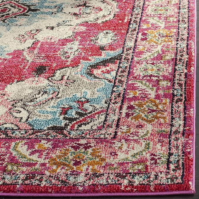 SAFAVIEH Monaco Collection Area Rug - 6'7" x 9'2", Pink & Multi, Boho Chic Medallion Distressed Design, Non-Shedding & Easy Care, Ideal for High Traffic Areas in Living Room, Bedroom (MNC243D)