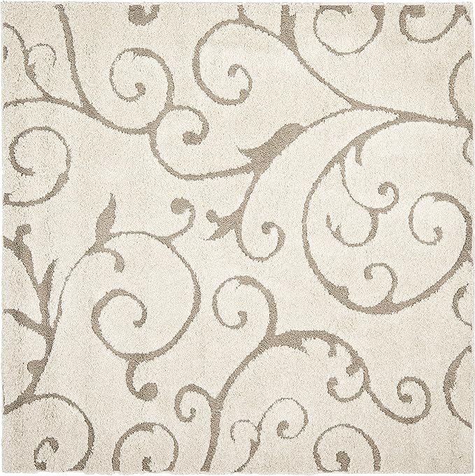 SAFAVIEH Florida Shag Collection Area Rug - 6'7" Square, Cream & Beige, Scroll Design, Non-Shedding & Easy Care, 1.2-inch Thick Ideal for High Traffic Areas in Living Room, Bedroom (SG455-1113)