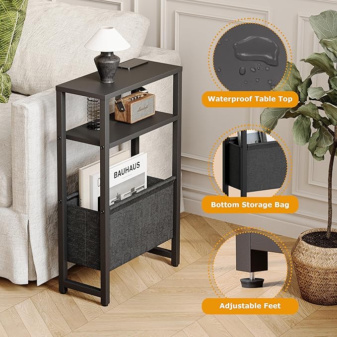Narrow Side Table, Slim End Table with Magazine Rack, Bedside Table for Small Spaces, 3 Tier Sofa Couch Table Nightstand for Living Room, Bedroom Black LET503B