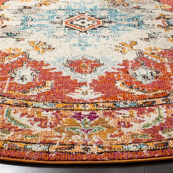 SAFAVIEH Monaco Collection Area Rug - 8' Round, Orange & Light Blue, Boho Chic Medallion Distressed Design, Non-Shedding & Easy Care, Ideal for High Traffic Areas in Living Room, Bedroom (MNC243H)