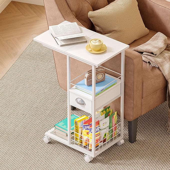 Rolling Side Table with Storage, White Bedside Table with Wheels, Accent C Table for Sofa, Portable Desk on Wheels, Modern Night Stand, Overbed Table for Bedroom, C Shaped End Tables Living Room, Dorm