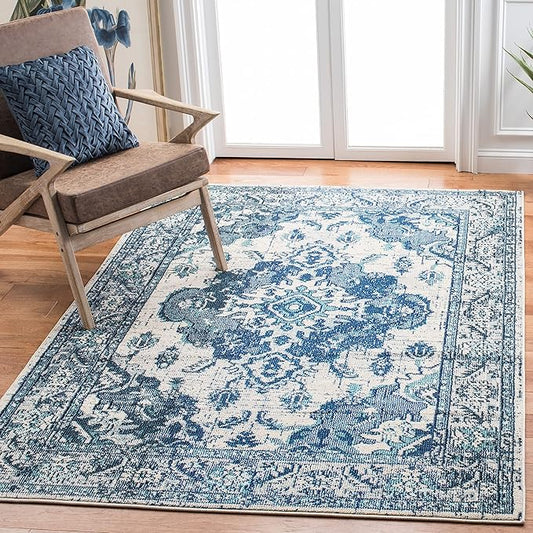 SAFAVIEH Monaco Collection Area Rug - 9' x 12', Ivory & Blue, Boho Chic Medallion Distressed Design, Non-Shedding & Easy Care, Ideal for High Traffic Areas in Living Room, Bedroom (MNC243A)