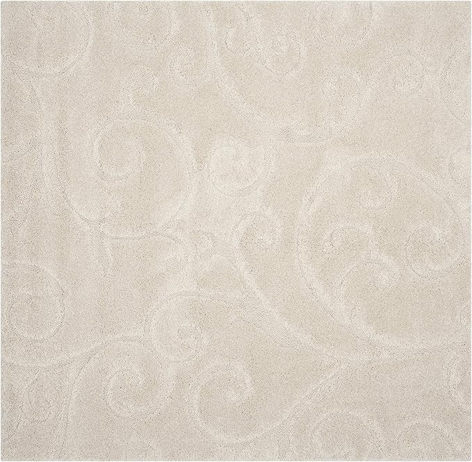 SAFAVIEH Florida Shag Collection Area Rug - 5' Square, Creme & Creme, Scroll Design, Non-Shedding & Easy Care, 1.2-inch Thick Ideal for High Traffic Areas in Living Room, Bedroom (SG455-1111)