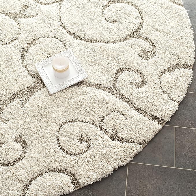 SAFAVIEH Florida Shag Collection 11' Round Cream/Beige SG455 Scrolling Vine Graceful Swirl Textured Non-Shedding Living Room Bedroom Dining Room Entryway Plush 1.2-inch Thick Area Rug