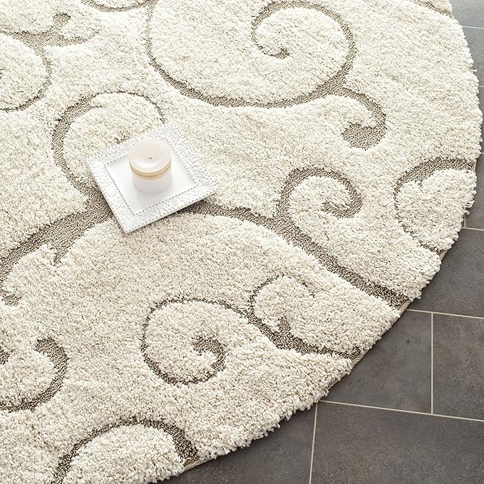 SAFAVIEH Florida Shag Collection Area Rug - 4' Round, Cream & Beige, Scroll Design, Non-Shedding & Easy Care, 1.2-inch Thick Ideal for High Traffic Areas in Living Room, Bedroom (SG455-1113)