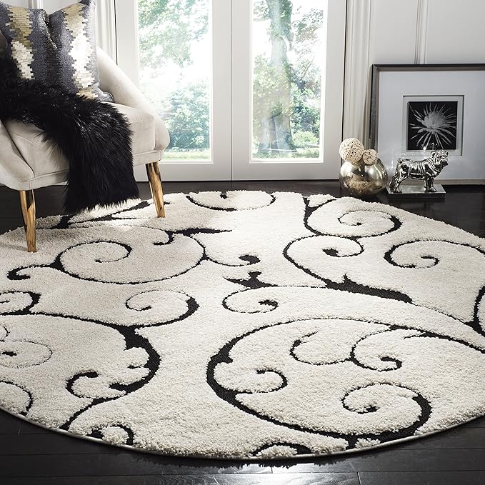 SAFAVIEH Florida Shag Collection 10' Round Ivory / Black SG455 Scrolling Vine Graceful Swirl Textured Non-Shedding Living Room Bedroom Dining Room Entryway Plush 1.2-inch Thick Area Rug