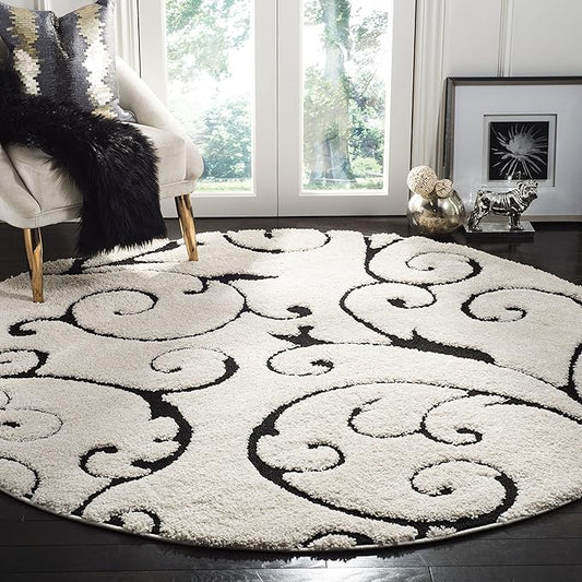 SAFAVIEH Florida Shag Collection 10' Round Ivory / Black SG455 Scrolling Vine Graceful Swirl Textured Non-Shedding Living Room Bedroom Dining Room Entryway Plush 1.2-inch Thick Area Rug
