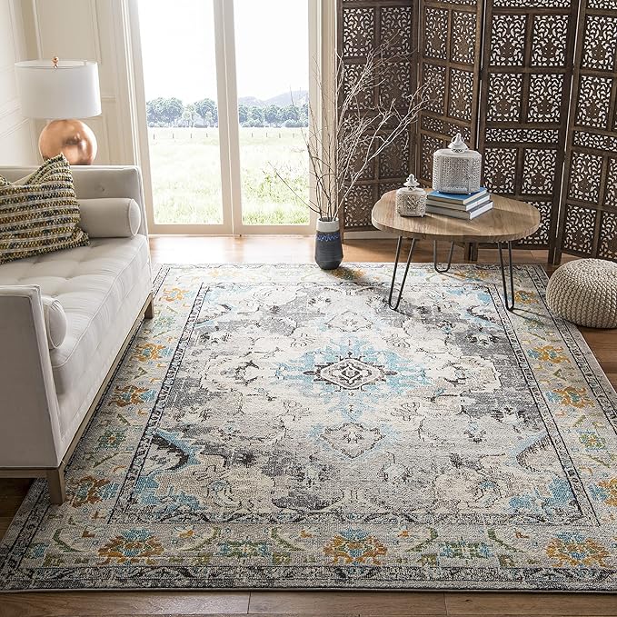 SAFAVIEH Monaco Collection X-Large Area Rug - 11' x 15', Grey & Light Blue, Medallion Distressed Design, Non-Shedding & Easy Care, Ideal for High Traffic Areas in Living Room, Bedroom (MNC243G)