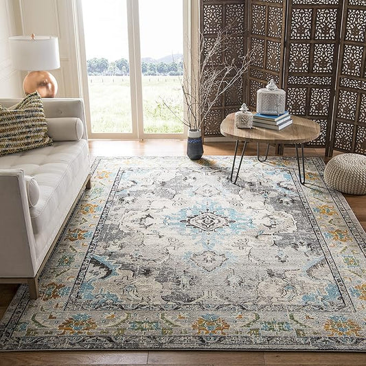 SAFAVIEH Monaco Collection X-Large Area Rug - 12' x 18', Grey & Light Blue, Medallion Distressed Design, Non-Shedding & Easy Care, Ideal for High Traffic Areas in Living Room, Bedroom (MNC243G)