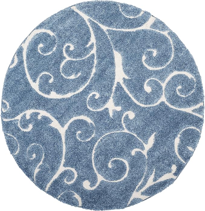 SAFAVIEH Florida Shag Collection Area Rug - 9' Round, Light Blue & Cream, Scroll Design, Non-Shedding & Easy Care, 1.2-inch Thick Ideal for High Traffic Areas in Living Room, Bedroom (SG455-6011)
