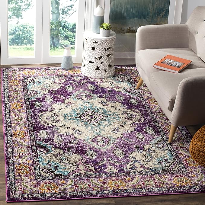 SAFAVIEH Monaco Collection Area Rug - 6'7" x 9'2", Violet & Light Blue, Boho Chic Medallion Distressed Design, Non-Shedding & Easy Care, Ideal for High Traffic Areas in Living Room, Bedroom (MNC243L)