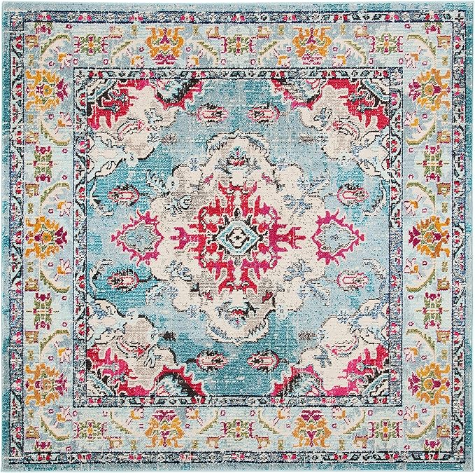 SAFAVIEH Monaco Collection Area Rug - 6'7" Square, Light Blue & Fuchsia, Boho Chic Medallion Distressed Design, Non-Shedding & Easy Care, Ideal for High Traffic Areas in Living Room, Bedroom (MNC243J)