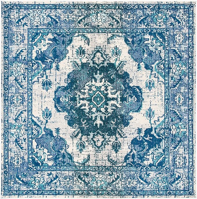 SAFAVIEH Monaco Collection Area Rug - 6'7" Square, Ivory & Blue, Boho Chic Medallion Distressed Design, Non-Shedding & Easy Care, Ideal for High Traffic Areas in Living Room, Bedroom (MNC243A)