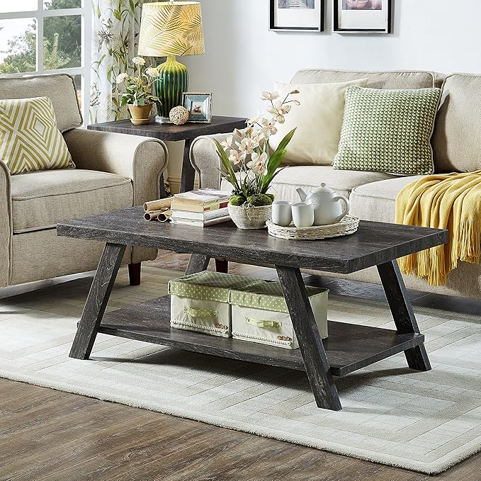Roundhill Furniture Athens Contemporary 3-Piece Wood Shelf Coffee Table Set, Charcoal