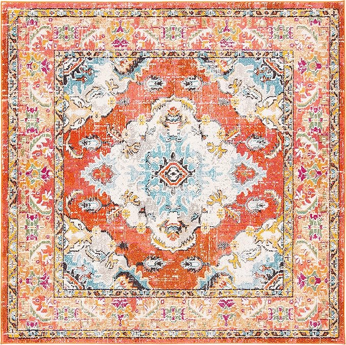 SAFAVIEH Monaco Collection Area Rug - 8'8" Square, Orange & Light Blue, Boho Chic Medallion Distressed Design, Non-Shedding & Easy Care, Ideal for High Traffic Areas in Living Room, Bedroom (MNC243H)