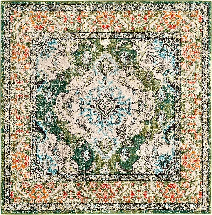 SAFAVIEH Monaco Collection Area Rug - 5' Square, Forest Green & Light Blue, Medallion Distressed Design, Non-Shedding & Easy Care, Ideal for High Traffic Areas in Living Room, Bedroom (MNC243F)