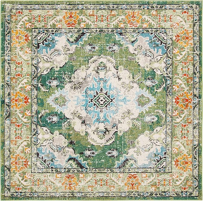 SAFAVIEH Monaco Collection Area Rug - 8' Square, Forest Green & Light Blue, Medallion Distressed Design, Non-Shedding & Easy Care, Ideal for High Traffic Areas in Living Room, Bedroom (MNC243F)
