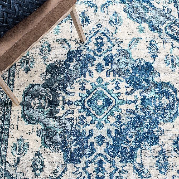 SAFAVIEH Monaco Collection Area Rug - 8' x 10', Ivory & Blue, Boho Chic Medallion Distressed Design, Non-Shedding & Easy Care, Ideal for High Traffic Areas in Living Room, Bedroom (MNC243A)