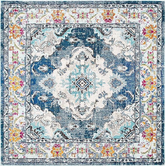 SAFAVIEH Monaco Collection Area Rug - 12' Square, Navy & Light Blue, Boho Chic Medallion Distressed Design, Non-Shedding & Easy Care, Ideal for High Traffic Areas in Living Room, Bedroom (MNC243N)
