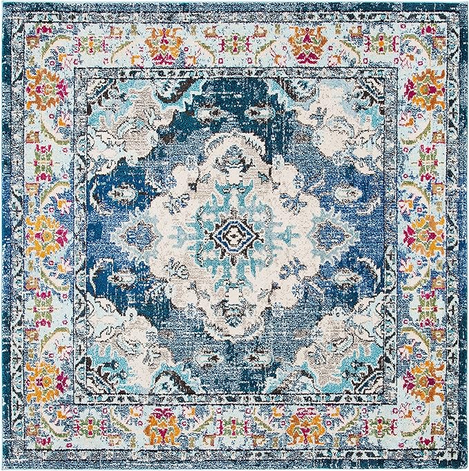 SAFAVIEH Monaco Collection Area Rug - 8' Square, Navy & Light Blue, Boho Chic Medallion Distressed Design, Non-Shedding & Easy Care, Ideal for High Traffic Areas in Living Room, Bedroom (MNC243N)