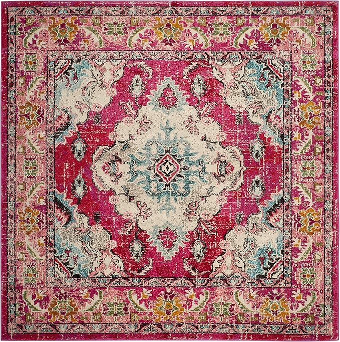 SAFAVIEH Monaco Collection Area Rug - 5' Square, Pink & Multi, Boho Chic Medallion Distressed Design, Non-Shedding & Easy Care, Ideal for High Traffic Areas in Living Room, Bedroom (MNC243D)